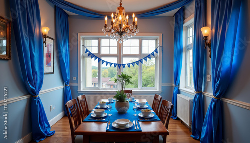 Elegant dining room decorated for Hanukkah celebration with beautiful blue drapery and festive decorations photo