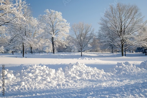 A snowy park with trees and a snow pile