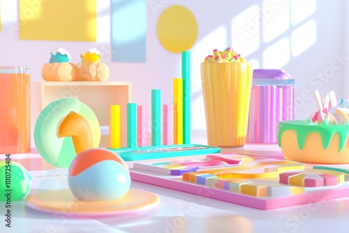 A vibrant and playful arrangement of colorful desserts and objects in pastel shades, creating a cheerful atmosphere.