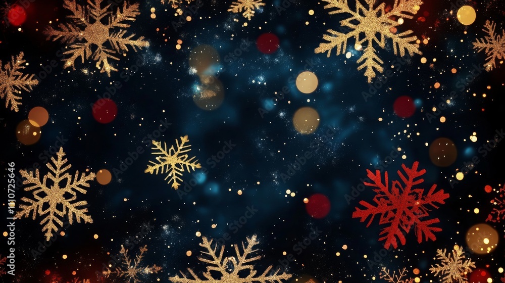 Dark blue background with golden snowflakes falling and red lights shining, creating a festive New Year's atmosphere full of joy and celebration. Winter holiday scene with vibrant visual effects. Dark blue background with golden snowflakes falling and red lights shining, creating a festive New Year's atmosphere full of joy and celebration. Winter holiday scene with vibrant visual effects.