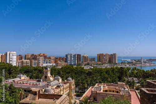 Malaga, Spain - August 06, 2024: Malaga cityscape from Alcazaba. Malaga. Spain