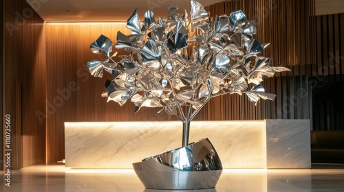 Modern Silver Tree Sculpture in Elegant Interior Space photo