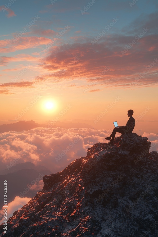 Fototapeta premium Silhouette of a male figure at sunset working on a laptop atop a rocky mountain peak surrounded by clouds.