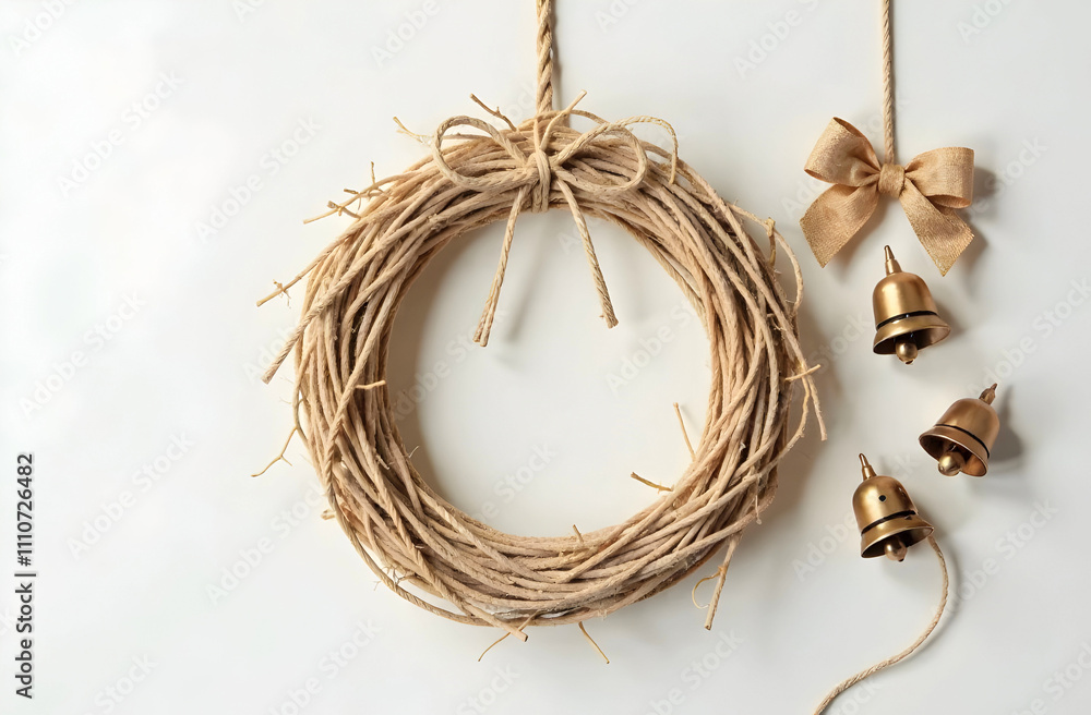 A rustic handmade wreath crafted from natural twine, perfect for minimalist holiday decor, DIY projects, or gift wrapping inspirations. Selective focus A rustic handmade wreath crafted from natural twine, perfect for minimalist holiday decor, DIY projects, or gift wrapping inspirations. Selective focus