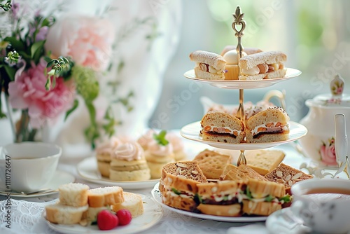 A tea party with a variety of sandwiches, cakes, and pastries photo
