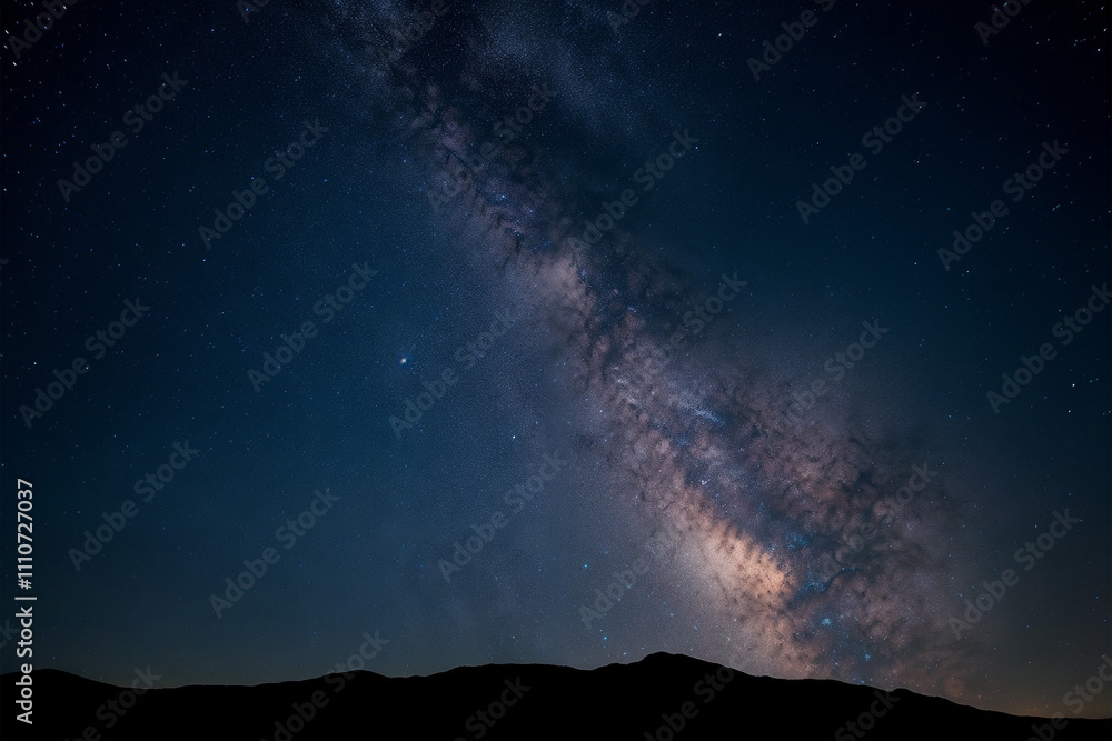 Milky Way galaxy shining bright at night over dark mountains Milky Way galaxy shining bright at night over dark mountains