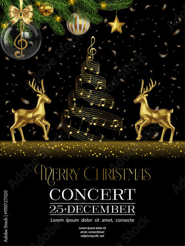 christmas concert flyer with pine branches, gold musical notes and gold reindeers. christmas concert poster with christmas tree shaped musical pentagram