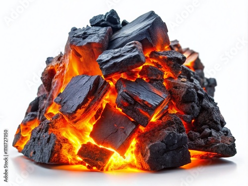 Isolated Piece of Smoldering Coal on White Background for High-Quality Stock Photography, Perfect for Concepts Related to Energy, Heat, and Natural Resources photo