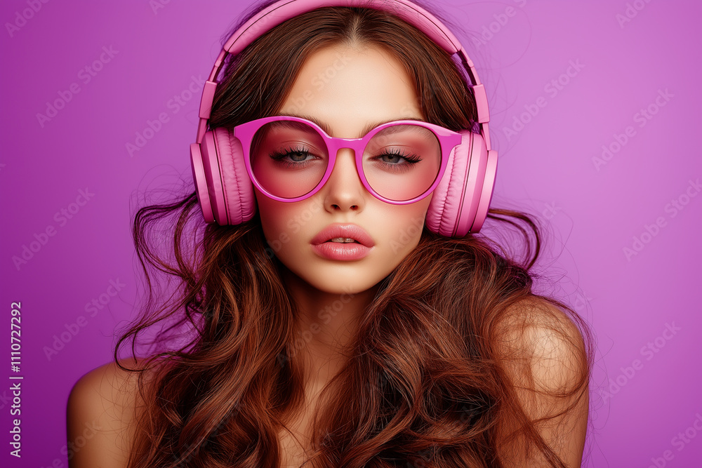 A fashionable woman with long, curly brown hair, wearing pink glasses and headphones against a background of purple A fashionable woman with long, curly brown hair, wearing pink glasses and headphones against a background of purple