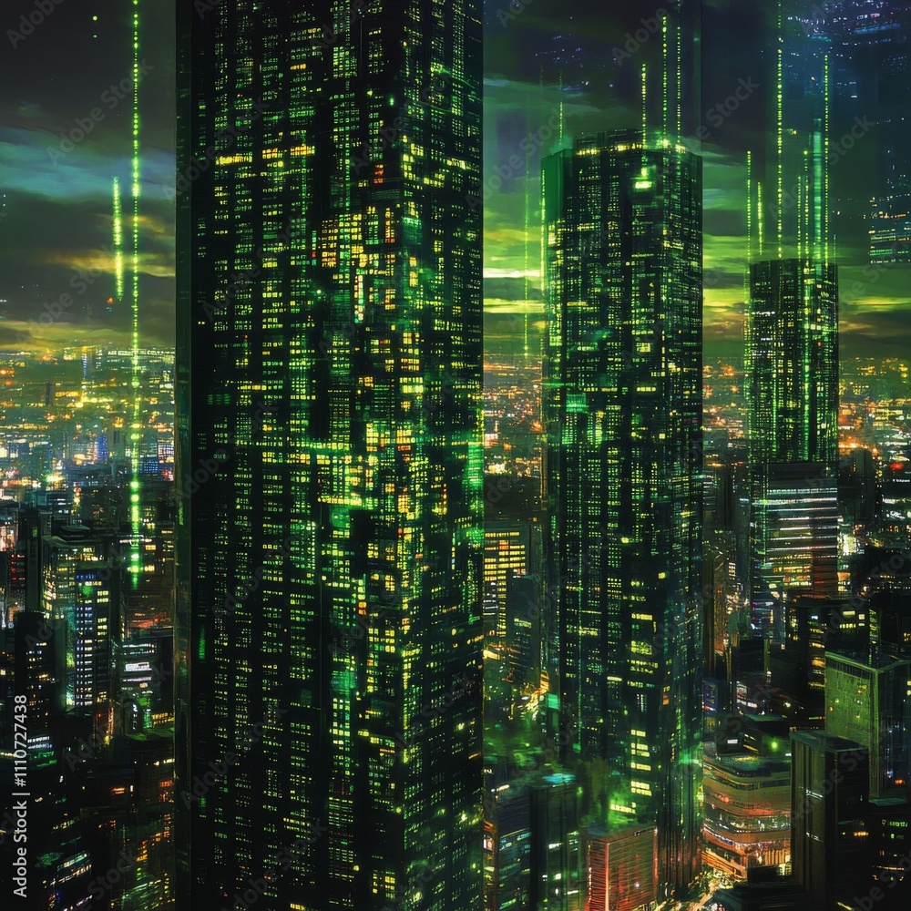Futuristic city skyline featuring towering skyscrapers illuminated with vibrant green lights against a night sky. Futuristic city skyline featuring towering skyscrapers illuminated with vibrant green lights against a night sky.