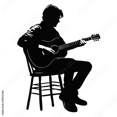 vector silhouette of a man on a chair with a guitar on a white background. Generative AI