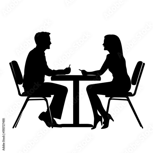vector silhouette of a man and a woman at a table negotiating on a white background . Generative AI