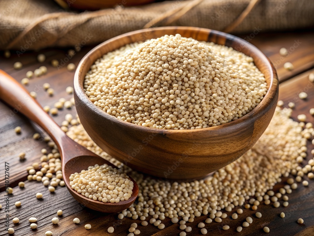 A wooden bowl brimming with tiny, pale millet grains rests on a rustic wooden surface. Scattered grains surround the bowl, enhancing the organic feel of this wholesome food display during daylight A wooden bowl brimming with tiny, pale millet grains rests on a rustic wooden surface. Scattered grains surround the bowl, enhancing the organic feel of this wholesome food display during daylight