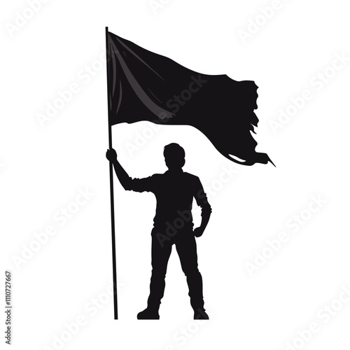 vector silhouette of a man with a waving flag on a white background. Generative AI