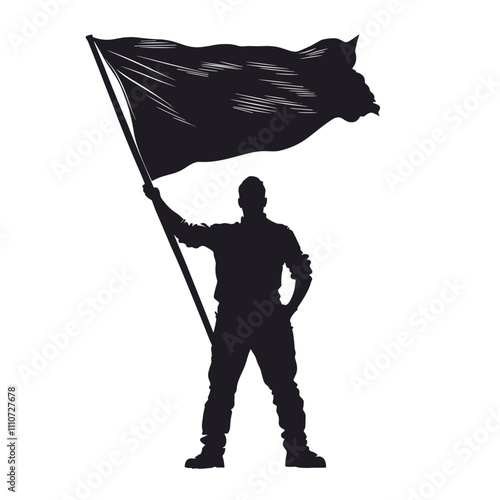 vector silhouette of a man with a waving flag on a white background. Generative AI