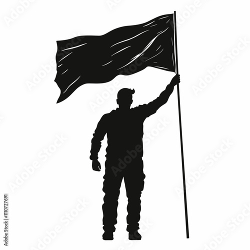 vector silhouette of a man with a waving flag on a white background. Generative AI