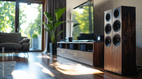 modern living room featuring surround sound speaker system, large TV, and stylish furniture. natural light enhances warm wood tones and greenery, creating cozy atmosphere