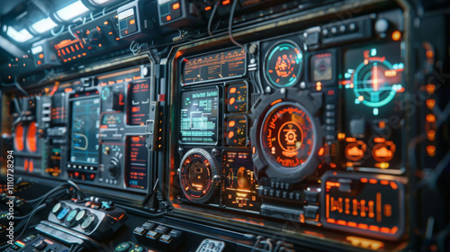 Wallpaper Mural Detailed view of scientific equipment with glowing controls and screens, showcasing advanced technology and intricate design. vibrant colors and complex layout evoke sense of innovation and Torontodigital.ca