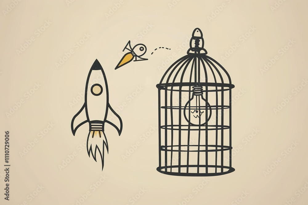 A cartoon drawing of a rocket and a fish in a cage A cartoon drawing of a rocket and a fish in a cage