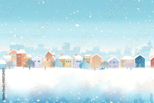 A winter scene with houses and trees covered in snow