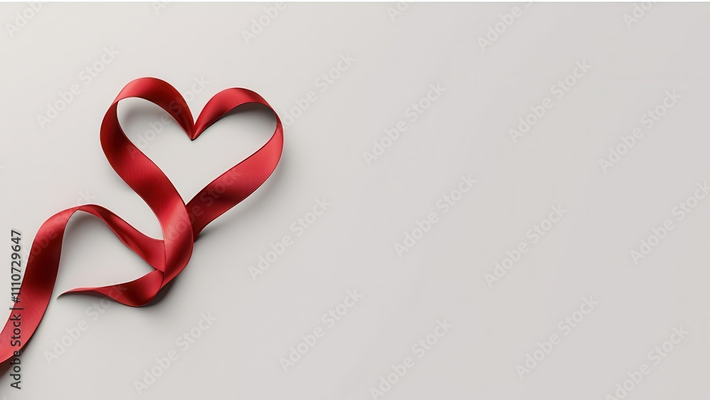 Red ribbon shaped into a heart with unique design on a plain white surface Red ribbon shaped into a heart with unique design on a plain white surface