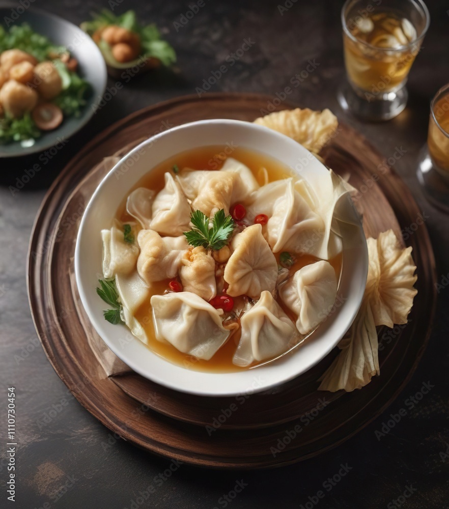 A plate of steaming hot wonton soup with a side of crispy wonton strips and a refreshing lychee martini, appetizer, cuisine A plate of steaming hot wonton soup with a side of crispy wonton strips and a refreshing lychee martini, appetizer, cuisine