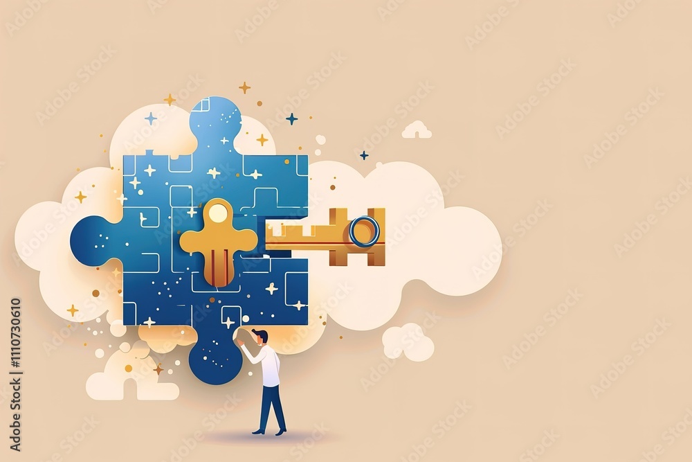 A man is trying to solve a puzzle with a key A man is trying to solve a puzzle with a key