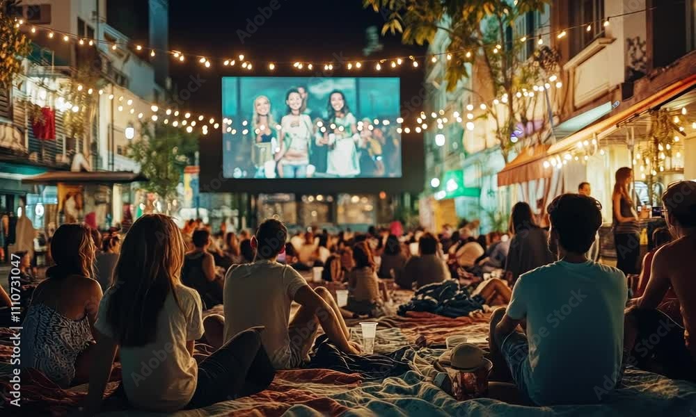 people are watching the big screen in the wide yard people are watching the big screen in the wide yard