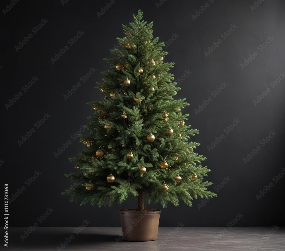 Ornamented evergreen tree with a dark background, evergreen tree, greenery Ornamented evergreen tree with a dark background, evergreen tree, greenery