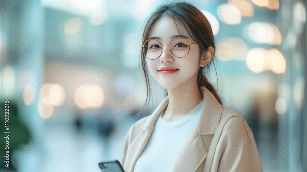 Young woman with glasses smiles while holding a smartphone in a busy urban environment Young woman with glasses smiles while holding a smartphone in a busy urban environment