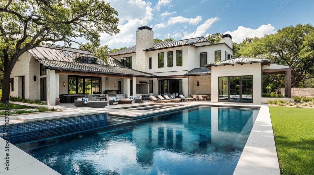 Fototapeta premium Modern luxury home with a large pool and outdoor seating