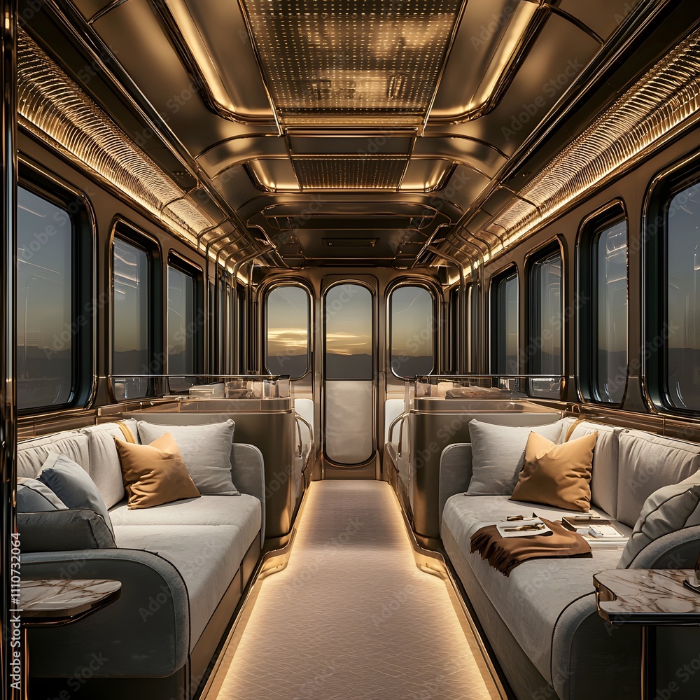 Spacious luxury train compartment with plush seating and soft lighting. Modern design with refined finishes for a premium travel experience. Spacious luxury train compartment with plush seating and soft lighting. Modern design with refined finishes for a premium travel experience.