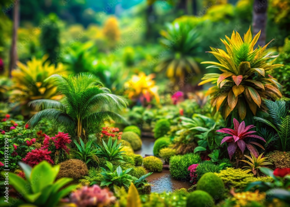 Lush Jungle Landscape with Tropical Trees and Plants in a Tilt-Shift Perspective for Unique Background Designs Lush Jungle Landscape with Tropical Trees and Plants in a Tilt-Shift Perspective for Unique Background Designs