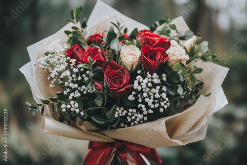 Wallpaper Mural a bouquet of red roses wrapped in paper with a bow on a table top with a gray background and a white ribbon Torontodigital.ca
