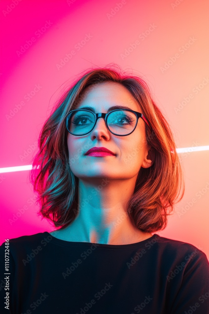 Boss woman career powerful concept. A stylish woman with glasses gazes confidently against a vibrant, colorful background, showcasing modern aesthetics. Boss woman career powerful concept. A stylish woman with glasses gazes confidently against a vibrant, colorful background, showcasing modern aesthetics.