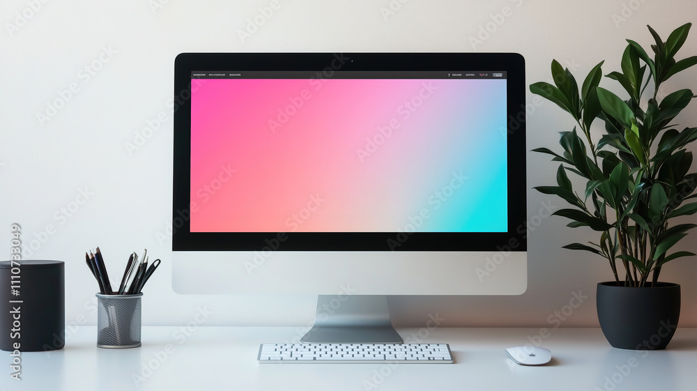 Modern workspace with desktop computer displaying vibrant gradient screen, wireless keyboard and mouse, office accessories, and potted plant on white desk Modern workspace with desktop computer displaying vibrant gradient screen, wireless keyboard and mouse, office accessories, and potted plant on white desk