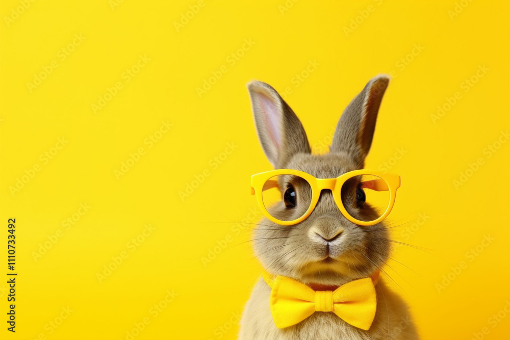 Adorable bunny wearing yellow glasses and a matching bow tie on a bright yellow background, showcasing a playful and cheerful Easter or springtime vibe