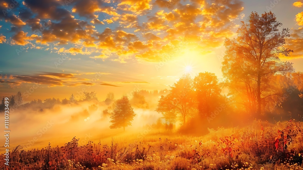 Obraz premium Sunrise over layers of golden mist on an idyllic rural landscape with autumn colors on the trees and golden clouds and fog