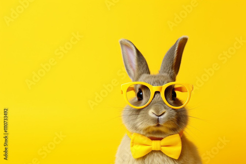 Adorable bunny wearing yellow glasses and a matching bow tie on a bright yellow background, showcasing a playful and cheerful Easter or springtime vibe