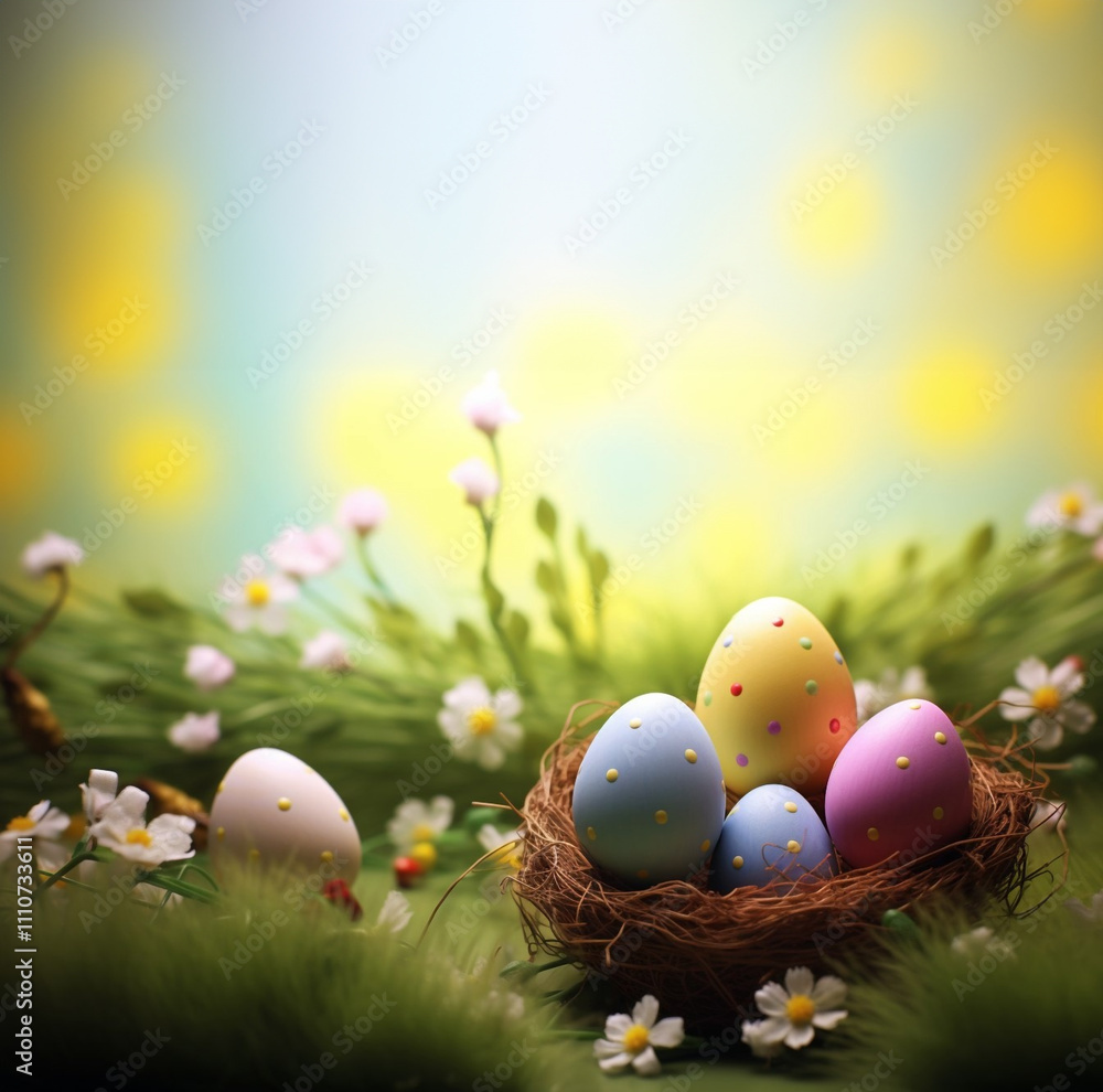 Happy Easter. Nest filled with vibrant, hand-painted Easter eggs surrounded by delicate spring flowers, bathed in warm sunlight. A picturesque celebration of Easter and the beauty of spring