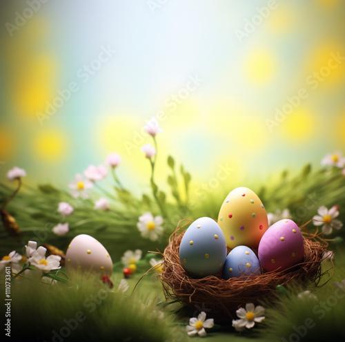 Obraz na płótnie Happy Easter. Nest filled with vibrant, hand-painted Easter eggs surrounded by delicate spring flowers, bathed in warm sunlight. A picturesque celebration of Easter and the beauty of spring w salonie