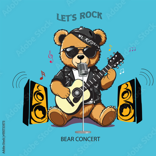 Hand drawn vector illustration of teddy bear in rocker style with electric guitar