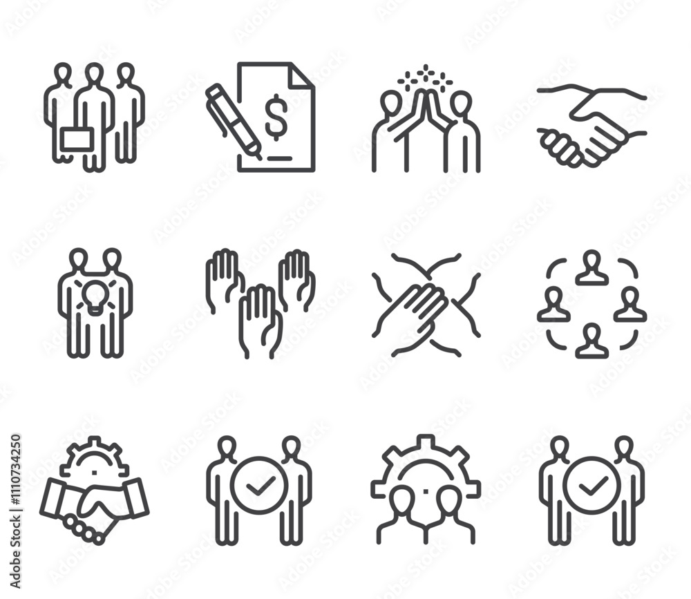 Fototapeta premium Business people boss employee team working together. Business success teamwork concept. Flat lined thin isolated icon set