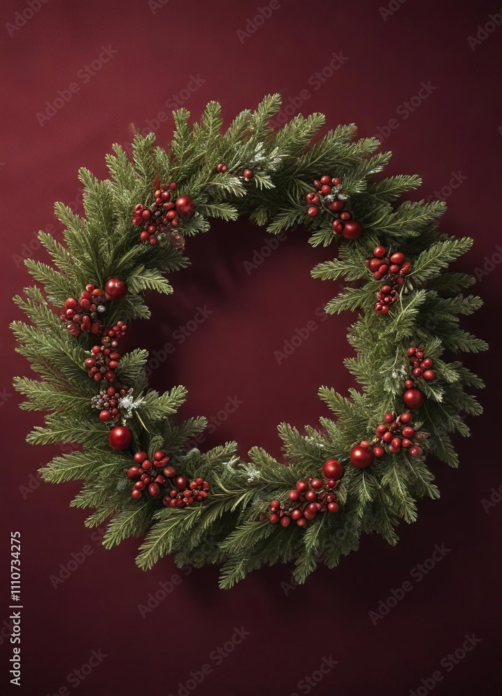Snow-covered fir branch Christmas wreath on dark red fabric, dark red fabric, evergreen branches Snow-covered fir branch Christmas wreath on dark red fabric, dark red fabric, evergreen branches