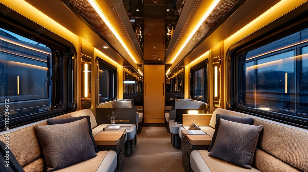Spacious train compartment with sleek finishes and modern seating. Soft lighting and refined decor for a luxurious travel experience. Spacious train compartment with sleek finishes and modern seating. Soft lighting and refined decor for a luxurious travel experience.