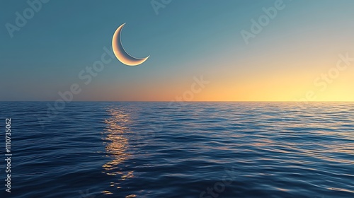 A crescent moon hanging low over a peaceful sea with a soft glow on the horizon