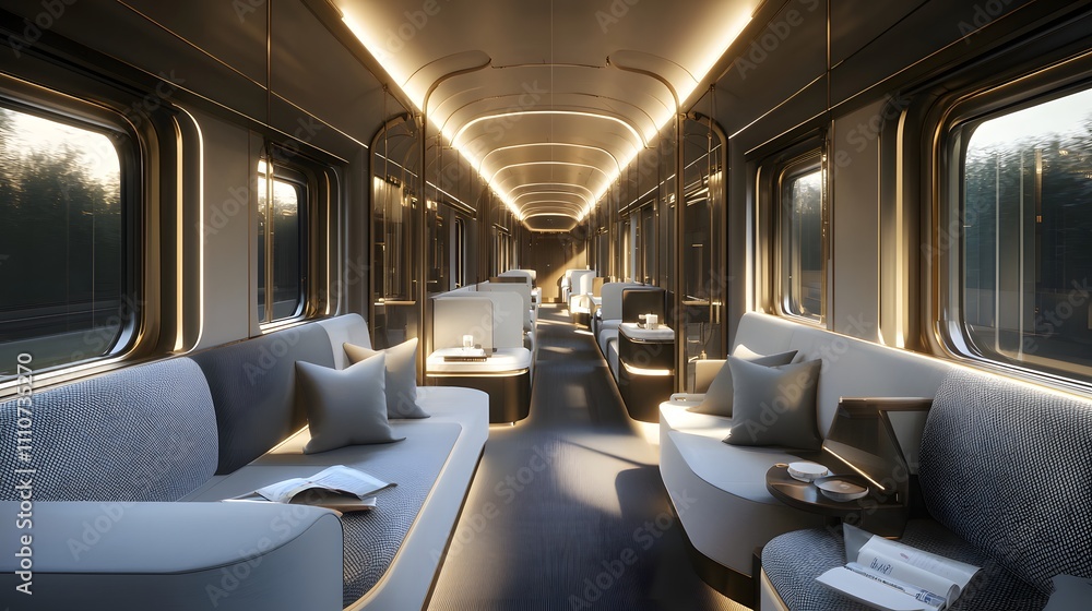 Spacious train compartment with sleek finishes and modern seating. Soft lighting and refined decor for a luxurious travel experience. Spacious train compartment with sleek finishes and modern seating. Soft lighting and refined decor for a luxurious travel experience.