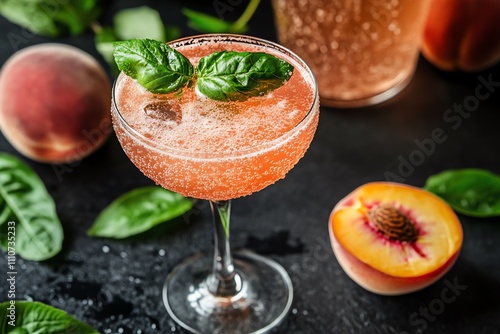 Refreshing Peach Bellini on Black Tabletop photo