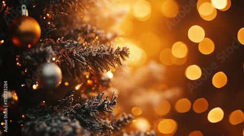 Wallpaper Mural Festive Christmas tree background with orange ornaments, glowing orange bokeh lights in the background and free copy space for text placement Torontodigital.ca