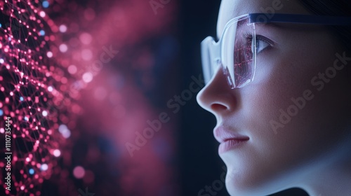 A focused individual in glasses gazes at vibrant, glowing data patterns, reflecting curiosity and engagement with technology and innovation.